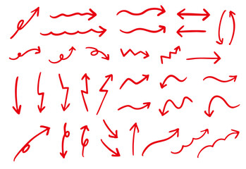 手書きの矢印のイラストセット　ベクター赤	