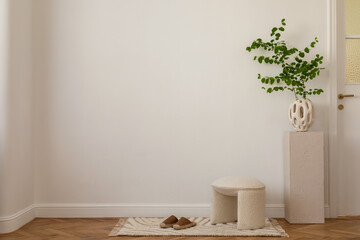Minimalist compositions on the cubes with flowers, decorations, carpet and personal accessories....