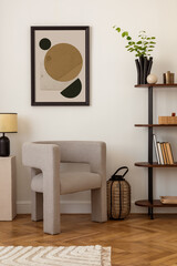 Interior design of white living room space with modern armchair, mock up poster frame, commode, ...