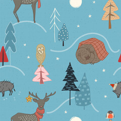 Seamless cute winter pattern. Forest cartoon animals.