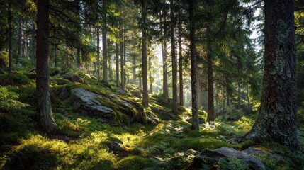 Obraz premium Morning sunlight piercing through a lush green pine forest in early summer,