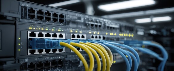 The Ethernet Switch with Connected Cables in a Modern Data Center