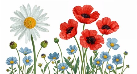 Fototapeta premium A floral arrangement featuring daisies, poppies, and blue flowers on a white background in a garden