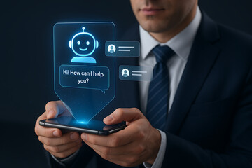 AI bot, chatbot interface, ChatGPT style, virtual assistant, blue robot avatar, friendly AI, smartphone screen, conversational AI, smart assistant, mobile chatbot, digital helper, AI interaction, chat