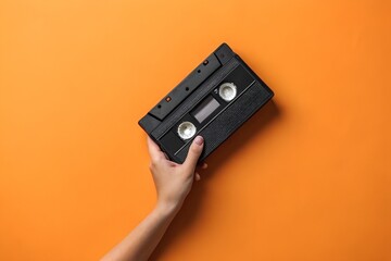 Hand Holding Black Vintage VHS Tape Recorder Against Vibrant Orange Background