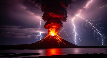Volcano erupting at night, dramatic lightning strikes illuminate the scene, showcasing nature's raw power and intensity