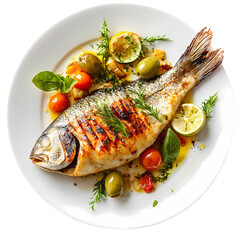 Grilled Fish Recipe Mediterranean Flavors Delicious Dish isolated on transparent background