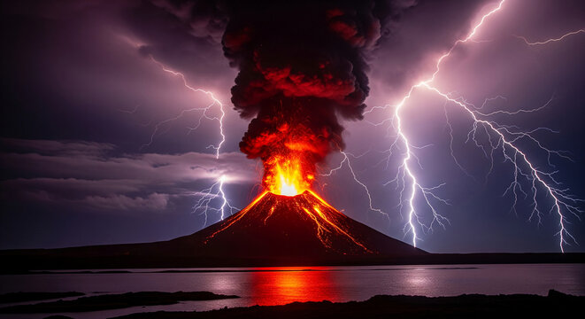 Volcano erupting at night, dramatic lightning strikes illuminate the scene, showcasing nature's raw power and intensity