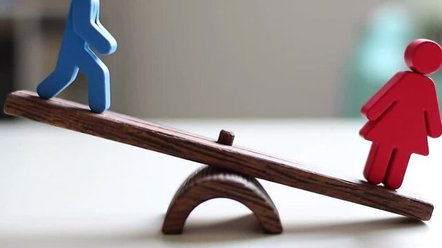 Wooden seesaw balanced with objects on each side symbolizing equilibrium
