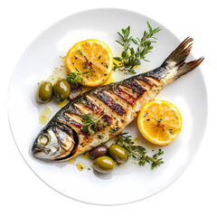 Grilled Fish Dish Mediterranean Cuisine Recipe Inspiration isolated on transparent background