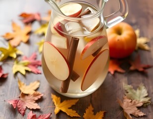 Apple cider or infused water with cinnamon sticks and autumn leaves on a wooden table.