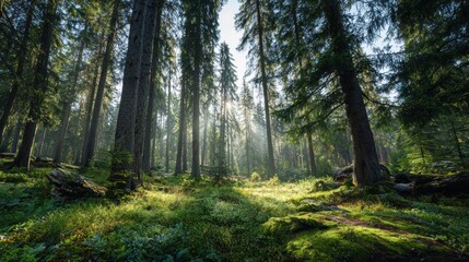 Obraz premium Morning sunlight piercing through a lush green pine forest in early summer,