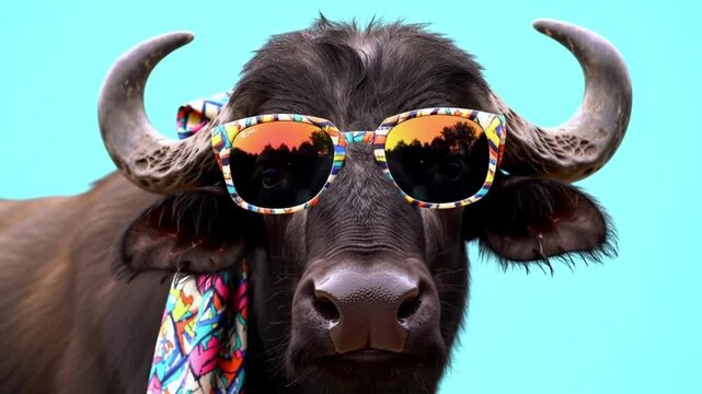 Cartoon cow wearing sunglasses chilling under blue sky
