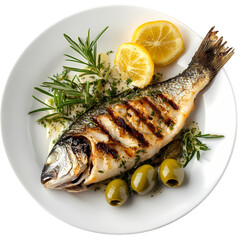 Grilled Fish Recipe Lemon Herb Baked Sea Bass with Olives isolated on transparent background