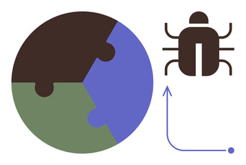 Globe with puzzle segments, a bug symbol, and upward arrow. Ideal for coding, cybersecurity, environment, teamwork, problem-solving innovation and progress. A clean flat metaphor