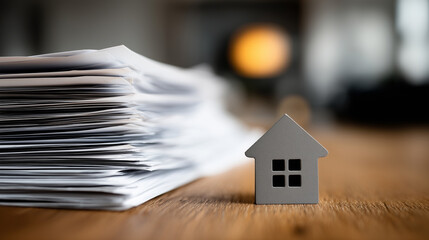 Paper house model accompanied by credit report documents in a cozy indoor setting