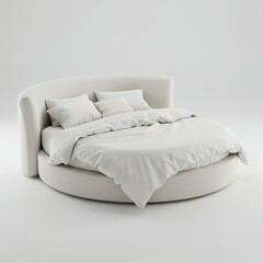 Modern round bed with soft white bedding in minimalistic setting