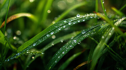 Naklejka premium Dew-Kissed Blades of Green: Macro shot captures delicate water droplets clinging to vibrant green blades of grass. The scene whispers of morning freshness and natural serenity.