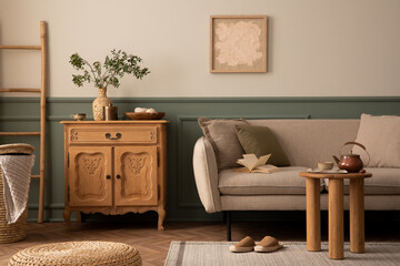 Cozy composition of living room interior with mock up poster frame, beige sofa, wooden coffee...