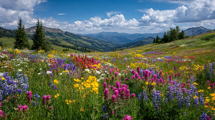 Blossoming Meadow's Panorama: Witness a vibrant spectacle of wildflowers painting a picturesque mountain valley. Capturing the essence of nature's beauty.