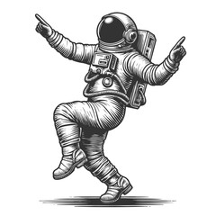 Obraz premium joyful astronaut dancing in space among stars sketch engraving generative ai fictional character vector illustration. Scratch board imitation. Black and white image.
