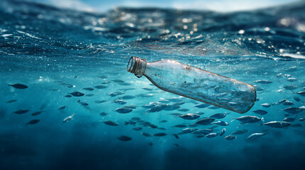 Ocean's Silent Plea: A transparent bottle drifts in the depths, a stark reminder of the pollution that stains the beauty of our oceans, coexisting amidst a school of fish.
