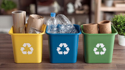 Recycling Bins: Sorted waste for recycling in three color-coded bins.  