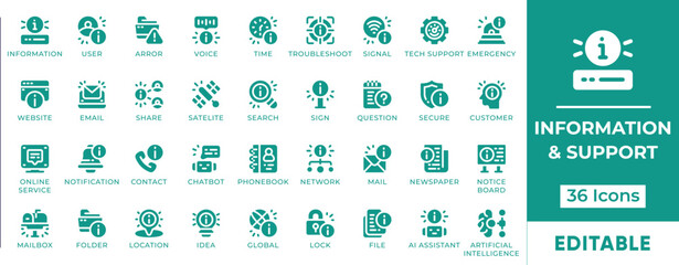 Information and Support Icon Set. Includes icons for help, support, FAQs, contact, chat, info, customer service, and assistance. Perfect for apps, websites, and UI design.