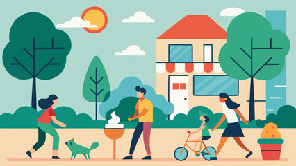 Happy family enjoying outdoor activities in a suburban neighborhood with barbecue, biking, walking and sunny weather