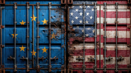 Image shows two shipping containers painted with flags of European Union and United States, both appearing weathered and damaged, with rust