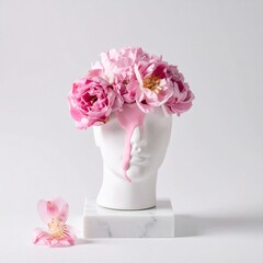 Pink Roses in White Sculpted Head Vase