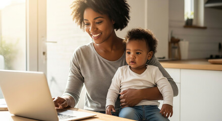 Young African American mother working on a laptop at home while holding her adorable baby on her lap.