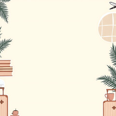 Minimalist Home Decor Background with Books, Plants, and Travel Accents