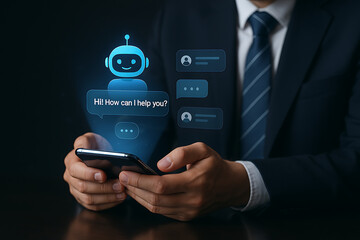 AI bot, chatbot interface, ChatGPT style, virtual assistant, blue robot avatar, friendly AI, smartphone screen, conversational AI, smart assistant, mobile chatbot, digital helper, AI interaction, chat
