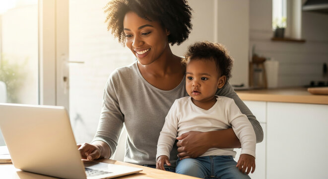 Young African American mother working on a laptop at home while holding her adorable baby on her lap.