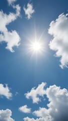 Bright blue sky with fluffy white cumulus clouds on a clear, sunny day