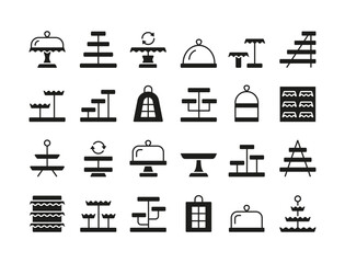 Cupcake, cake stand. Vector silhouette icon set. Dessert candy store equipment