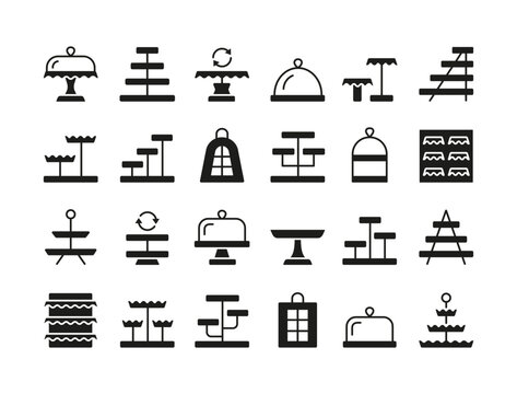 Cupcake, cake stand. Vector silhouette icon set. Dessert candy store equipment