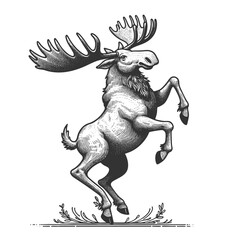 Fototapeta premium Rearing Moose sketch engraving generative ai fictional character vector illustration. Scratch board imitation. Black and white image.