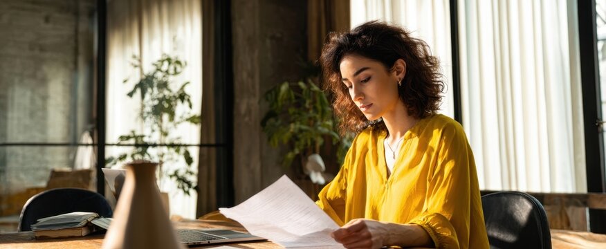 The woman reading documents in a modern workspace with natural light.