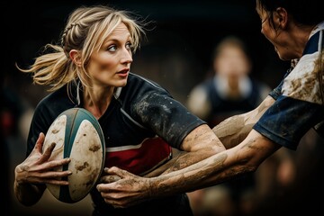 The raw emotion of women's sports is on display as a powerful female rugby player runs with the ball in the rain, with mud splattering from her boots.
