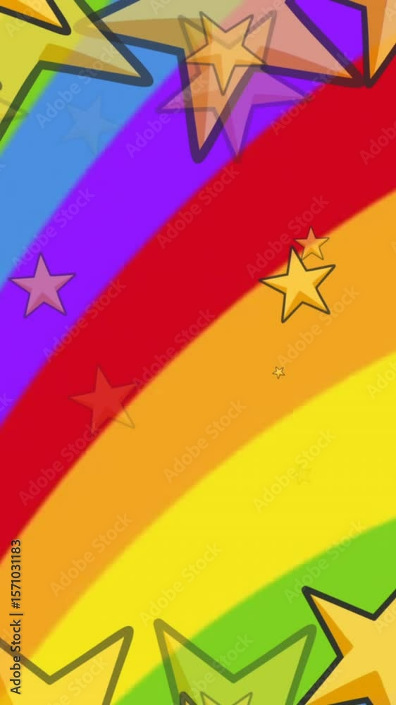 Poster animation of stars over heart shape in circles over multicolored abstract pattern