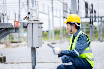 Engineer is working at high voltage substation performing inspection and check of power...