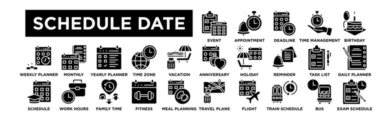 Schedule Date Icon Set. Editable Stroke Icon Collection. Event Planning, Appointment, Deadline, Time Management, Birthday, Anniversary, Holiday, Reminder, Task List, Daily Planner, Weekly Planner, Mon
