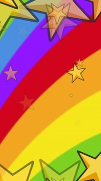 Animation of stars over heart shape in circles over multicolored abstract pattern