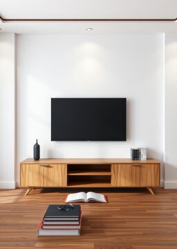 Modern tv wood cabinet shelf in empty room interior background 3d rendering home designsbackground shelves and books on the desk in front of empty wall clean modern home design Empty room interior d