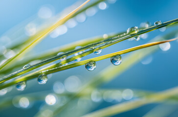 A close-up of dew drops on grass blades, with the background featuring a clear blue sky, nature, winter, tree,