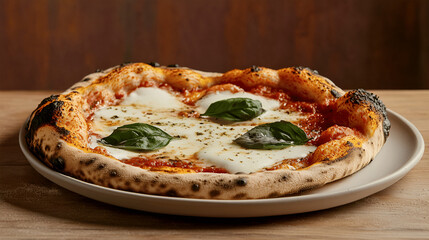 Delicious pizza with melted mozzarella cheese, fresh basil leaves, and a perfectly charred crust, served on a round plate against a rustic wooden background, showcasing culinary artistry