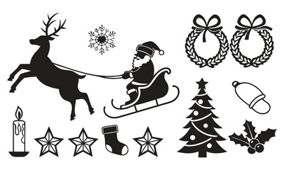 Festive Christmas Icons Featuring Santa Claus, Reindeer, Tree, Stars, Wreaths, and Holiday Decorations in Silhouette Style.