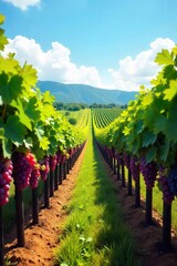 Sun-Drenched Vineyard at Harvest Ripe Grapes Hanging Heavy on Vines Stretching to a Distant Hillside, Picturesque Autumn Landscape